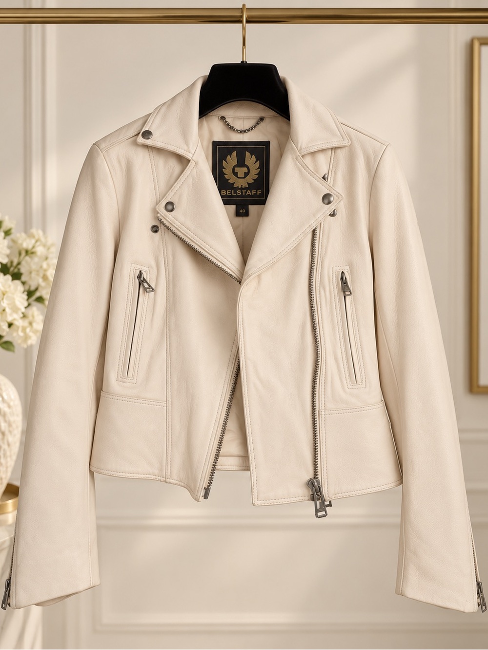 Belstaff Ivory Lamb Leather Moto Jacket Size 40 Authentic Luxury Biker